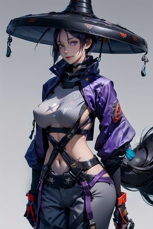 masterpiece, best quality, highres, hmmr1, minamoto no raikou (fate), mature, giant  breast, huge breast, svery long, hair till ground and tied at end, extra long hair, dark purple hair, smooth face, detailed face, detailed hands, huge breasts, small smile, wide hips,  urban techwear, techwear jacket, techwear pants, techwear gloves, techwear hat, katana on hand, combat pose