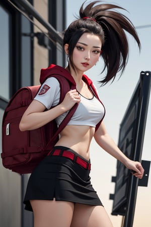  mature, 1girls, solo girl,  black hair, large_chest, large_ass, momo mha, black hoodie and red skirt, small backpack, combat position, apocalypse