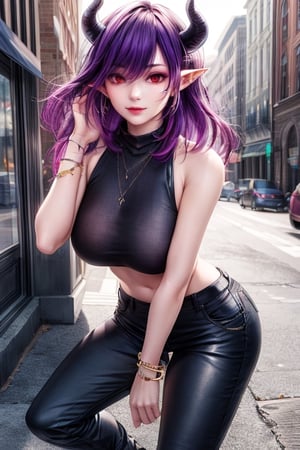 best quality, highres, solo girl, mature, Vermeil, big breasts, purple hair, demon girl, demon horns, horns, low-cut, red eyes, gorgeous face, gorgeous eyes, makeup, demon girl, demon horns, horns, long hair, pointy ears, red hair,  masterpiece, best quality, ultra detailed, 8k, highly detailed, detailed face, pose, small smile, delicate hands, jewelry, choker necklace, bracelet, turtleneck long sweater, pants, boots, street
