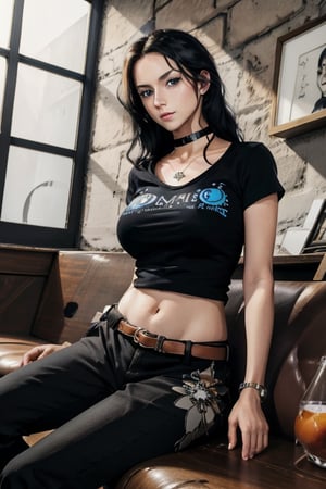 masterpiece, best quality, highres, solo girl, cute, NicoRobin, huge breasts, smooth face, detailed face, black hair, long hair, big eyes,  blue eyes, oval head, small smile, delicate hands, jawerly, choker necklace, bracelet, wide hips, open t-shirt, black pants, high boots, black belt, sunglasses, sit on sofa, bar, table, crossed legs, seductive pose