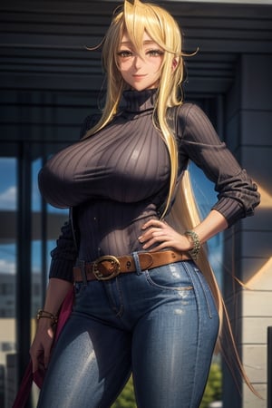 masterpiece, best quality, highres, mature, 1girls, solo girl, marikawashizuka, real Blonde hairs, Brown eyes, smooth face,  gorgeous face, gorgeous eyes, makeup, huge breasts, detailed face, detailed hands, smile, wide hips, jewelry, bracelet, long turtleneck sweater, jacket, jeans, belt, seductive pose, high boots,marikawashizuka