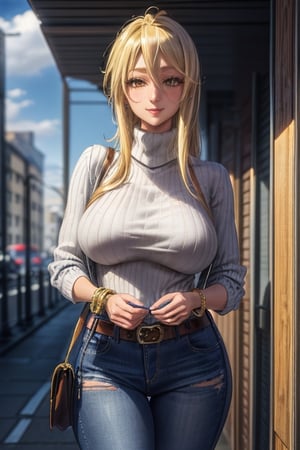 masterpiece, best quality, highres, mature, 1girls, solo girl, marikawashizuka, real Blonde hairs, Brown eyes, smooth face,  gorgeous face, gorgeous eyes, makeup, huge breasts, detailed face, detailed hands, smile, wide hips, jewelry, bracelet, long turtleneck sweater, jacket, jeans, belt, seductive pose, high boots,