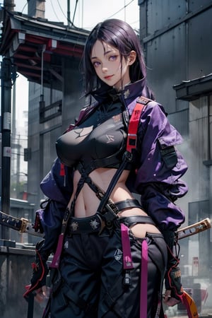 masterpiece, best quality, highres, hmmr1, minamoto no raikou (fate), mature, giant  breast, huge breast, svery long, hair till ground and tied at end, extra long hair, dark purple hair, smooth face, detailed face, detailed hands, huge breasts, small smile, wide hips,  urban techwear, techwear jacket, techwear pants, techwear gloves, katana on hand