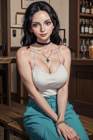 masterpiece, best quality, highres, mature, solo girl, NicoRobin, huge breasts, black hair, big eyes, Cerulean eyes, small smile, delicate hands, jewelry, choker necklace, bracelet, dress, wide pants, night, bar, sit behind table