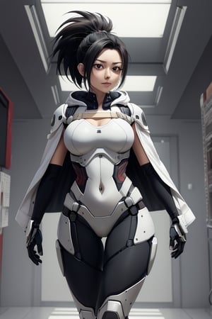 masterpiece, best quality, highres, mature, solo girl, black hair, ponytail, momo, mha, large breasts, wide hips, armored_dress, suit, FutureArmor, hoodie, pants, FutureArmor, scifi background, cape