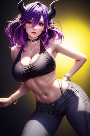 best quality, highres, solo girl, mature, Vermeil, big breasts, purple hair, demon girl, demon horns, horns, low-cut, red eyes, gorgeous face, gorgeous eyes, makeup, demon girl, demon horns, horns, long hair, pointy ears, red hair,  masterpiece, best quality, ultra detailed, 8k, highly detailed, detailed face, pose, small smile, delicate hands, wide hips, jewelry, choker necklace, bracelet, turtleneck long sweater, pants, boots