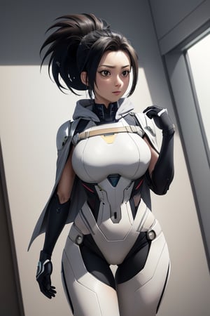 masterpiece, best quality, highres, mature, solo girl, black hair, ponytail, momo, mha, large breasts, wide hips, armored_dress, suit, FutureArmor, hoodie, pants, FutureArmor, scifi background, cape, military cap