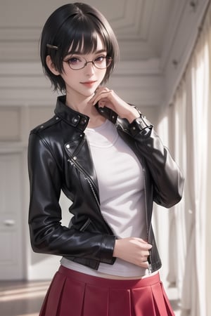 masterpiece, best quality, highres, SOUNA SITRI, solo, 1girl, Violet eyes, mature, black hairs, hairclip smooth face, gorgeous face, gorgeous eyes, detailed face, detailed hands, smile, red skirt, shirt, leather jacket, pantyhouse, panties, photorealistic, wide hips, glasses, pantyhouse