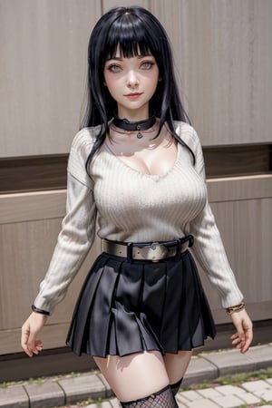 masterpiece, best quality, highres, hinata, solo girl, mature, huge breasts, smooth face, detailed face, black hair, long hair, hime cut, white eyes, smile, delicate hands, choker necklace, bracelet watch, jawerly, long sweater dress, black Pleated mini skirt, high socks, belt, handbag boob slash, walking 