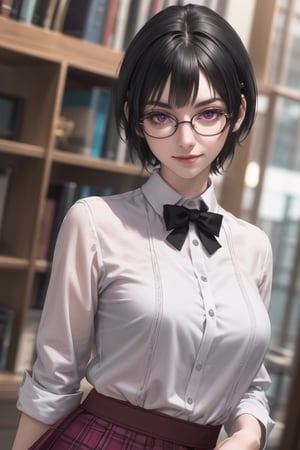 masterpiece, best quality, highres, SOUNA SITRI, solo, purple eyes, mature, black hairs, smooth face, gorgeous face, gorgeous eyes, detailed face, detailed hands, smile, skirt, photorealistic, wide hips, glasses