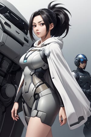 masterpiece, best quality, highres, mature, solo girl, black hair, ponytail, momo, mha, large breasts, wide hips, armored_dress, suit, FutureArmor, hoodie, pants, FutureArmor, scifi background, cape, military cap