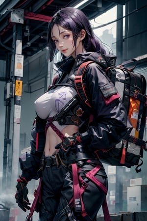 masterpiece, best quality, highres, hmmr1, minamoto no raikou (fate), mature, giant  breast, huge breast, svery long, hair till ground and tied at end, extra long hair, dark purple hair, smooth face, detailed face, detailed hands, huge breasts, small smile, wide hips,  urban techwear, techwear jacket, techwear pants, techwear gloves, backpack, katana on hand