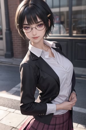 masterpiece, best quality, highres, SOUNA SITRI, solo, 1girl, Violet eyes, mature, black hairs, hairclip smooth face, gorgeous face, gorgeous eyes, detailed face, detailed hands, smile, skirt, shirt, jacket, photorealistic, wide hips, glasses