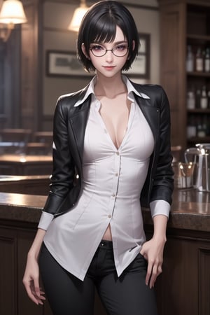 masterpiece, best quality, highres, SOUNA SITRI, solo, purple eyes, mature, black hairs, smooth face, gorgeous face, gorgeous eyes, detailed face, detailed hands, smile, jacket, pants, photorealistic, wide hips, glasses, sexy, pose, caffe, bar