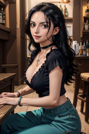 masterpiece, best quality, highres, mature, solo girl, NicoRobin, huge breasts, black hair, big eyes, Cerulean eyes, small smile, delicate hands, jewelry, choker necklace, bracelet,  blue wide pants, black wide shirt, night, bar, sit behind table