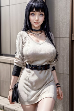 masterpiece, best quality, highres, hinata, solo girl, mature, huge breasts, smooth face, detailed face, black hair, long hair, hime cut, white eyes, smile, delicate hands, choker necklace, bracelet watch, jawerly, long sweater dress, high socks, belt, handbag boob slash, walking 