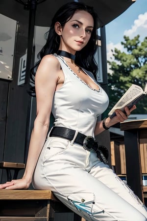 masterpiece, best quality, highres, solo girl, cute, NicoRobin, huge breasts, smooth face, detailed face, black hair, long hair, big eyes,  blue eyes, oval head, small smile, delicate hands, jawerly, choker necklace, bracelet, wide hips, white shirt vest, white pants, high boots, black belt, sunglasses, sit on seat, open bar, table, outdoors bar, reading