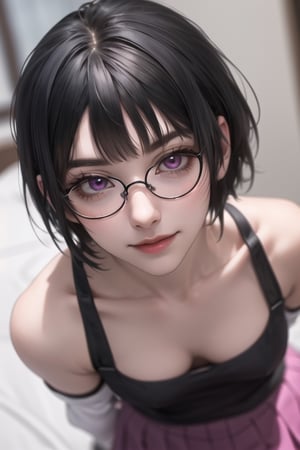 masterpiece, best quality, highres, SOUNA SITRI, solo, purple eyes, mature, black hairs, smooth face, gorgeous face, gorgeous eyes, detailed face, detailed hands, smile, skirt, dress photorealistic, wide hips, glasses