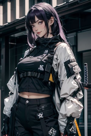 masterpiece, best quality, highres, mature woman, asian, huge breasts, long hair, dark purple hair, hime cut hair, long hair, detailed face, small smile, wide hips, urban techwear, techwear jacket, techwear pants, techwear gloves, katana, firearms, combat pose