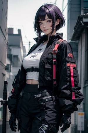 masterpiece, best quality, highres, mature woman, asian, huge breasts, long hair, dark purple hair, hime cut hair, long hair, detailed face, small smile, wide hips, urban techwear, techwear jacket, techwear pants, techwear gloves, katana