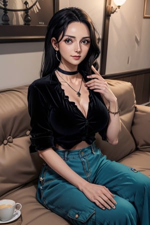 masterpiece, best quality, highres, mature, solo girl, NicoRobin, huge breasts, black hair, big eyes, Cerulean eyes, small smile, delicate hands, wide hips, jewelry, choker necklace, bracelet,  blue wide pants, black wide shirt, caffe shop, sit sofa, holding phone