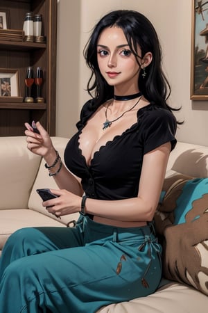 masterpiece, best quality, highres, mature, solo girl, NicoRobin, huge breasts, black hair, big eyes, Cerulean eyes, small smile, delicate hands, wide hips, jewelry, choker necklace, bracelet,  blue wide pants, black wide shirt, caffe shop, sit sofa, holding phone