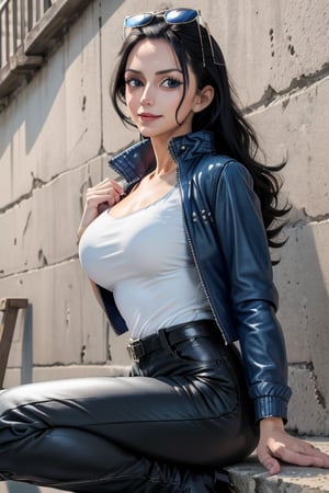 masterpiece, best quality, highres, mature, solo girl, NicoRobin, large breasts, black hair, big eyes, Cerulean eyes, small smile, delicate hands, one sunglasses, leather blu jacket, white t-shirt, thigh black pants, high boots