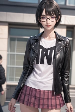 masterpiece, best quality, highres, SOUNA SITRI, solo, 1girl, Violet eyes, mature, black hairs, hairclip smooth face, gorgeous face, gorgeous eyes, detailed face, detailed hands, smile, skirt, shirt, leather jacket, photorealistic, wide hips, glasses