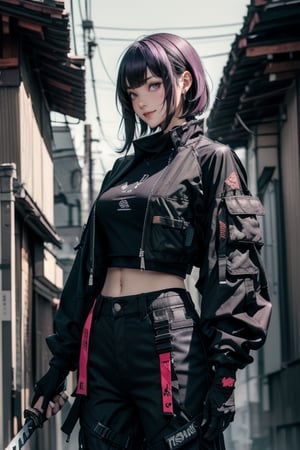 masterpiece, best quality, highres, mature woman, asian, huge breasts, long hair, dark purple hair, hime cut hair, long hair, detailed face, small smile, wide hips, urban techwear, techwear jacket, techwear pants, techwear gloves, katana, firearms