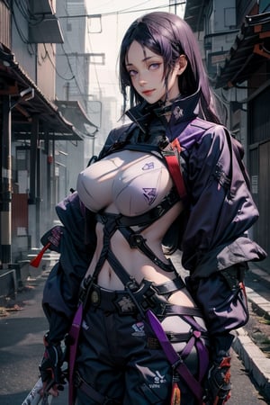 masterpiece, best quality, highres, hmmr1, minamoto no raikou (fate), mature, giant  breast, huge breast, svery long, hair till ground and tied at end, extra long hair, dark purple hair, smooth face, detailed face, detailed hands, huge breasts, small smile, wide hips,  urban techwear, techwear jacket, techwear pants, techwear gloves, katanas