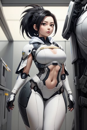 masterpiece, best quality, highres, mature, solo girl, black hair, ponytail, momo, mha, large breasts, wide hips, armored_dress, suit, FutureArmor, hoodie, pants, FutureArmor, scifi background, cape, military cap, hat cap