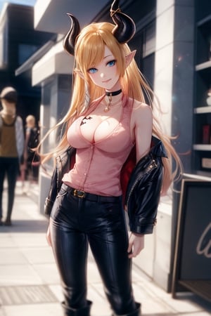 best quality, highres, solo girl, mature, yuzuki_choco, blonde hairs, blue eyes, big breasts, choker, demon_girl, demon horns, horns, jacket, long hair, pointy ears,  masterpiece, best quality, ultra detailed, 8k, highly detailed, detailed face, pose, small smile, delicate hands, wide hips, jewelry, choker necklace, bracelet, black pants, sweater_vest, jacket, high boots, sexy pose, street, sexy, yuzu, 1 girl, 1girl