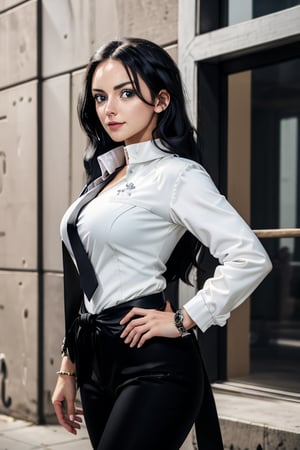 masterpiece, best quality, highres, solo girl, cute, NicoRobin, huge breasts, smooth face, detailed face, black hair, long hair, big eyes,  blue eyes, oval head, small smile, delicate hands, jawerly, bracelet, wide hips, white shirt, black jacket, black necktie, thigh black pants, black long coat, high boots, black belt, seductive pose, street, fully covered, aget suit