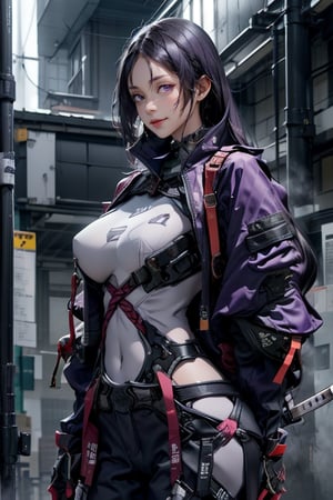 masterpiece, best quality, highres, hmmr1, minamoto no raikou (fate), mature, giant  breast, huge breast, svery long, hair till ground and tied at end, extra long hair, dark purple hair, smooth face, detailed face, detailed hands, huge breasts, small smile, wide hips,  urban techwear, techwear jacket, techwear pants, techwear gloves, katanas