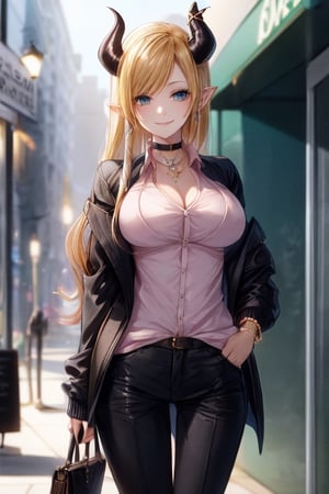 best quality, highres, solo girl, mature, yuzuki_choco, blonde hairs, blue eyes, big breasts, choker, demon_girl, demon horns, horns, jacket, long hair, pointy ears,  masterpiece, best quality, ultra detailed, 8k, highly detailed, detailed face, pose, small smile, delicate hands, wide hips, jewelry, choker necklace, bracelet, black pants, sweater_vest, jacket, high boots, sexy pose, street, sexy, yuzu, 1 girl, 1girl