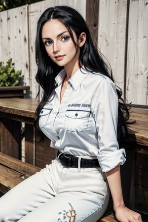 masterpiece, best quality, highres, solo girl, cute, NicoRobin, huge breasts, smooth face, detailed face, black hair, long hair, big eyes,  blue eyes, oval head, small smile, delicate hands, wide hips, white shirt, white pants, high boots, black  belt, sit on seat, open bar, table, outdoors bar