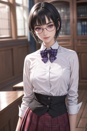 masterpiece, best quality, highres, SOUNA SITRI, solo, 1girl, Violet eyes, mature, black hairs, hairclip smooth face, gorgeous face, gorgeous eyes, detailed face, detailed hands, smile, skirt, shirt, bow tie, photorealistic, wide hips, glasses