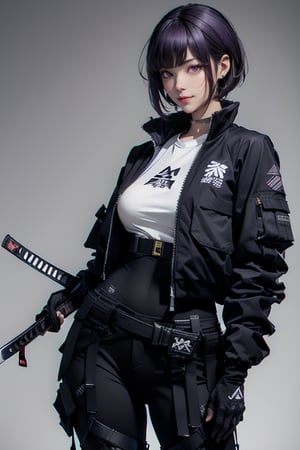 masterpiece, best quality, highres, mature woman, asian, huge breasts, long hair, dark purple hair, hime cut hair, detailed face, small smile, wide hips, urban techwear, techwear jacket, techwear pants, techwear gloves, katana 