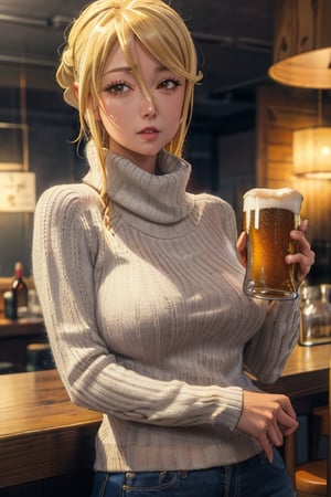 best quality, highres, marikawashizuka, mature, 1girl, solo, large breasts, sweater, bar, beer