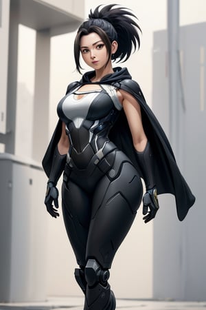 masterpiece, best quality, highres, mature, solo girl, black hair, ponytail, momo, mha, large breasts, wide hips, armored_dress, suit, FutureArmor, hoodie, pants, FutureArmor, scifi background, cape, military cap, hat cap