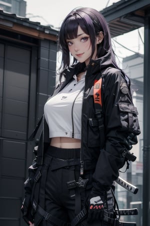 masterpiece, best quality, highres, mature woman, asian, huge breasts, long hair, dark purple hair, hime cut hair, long hair, detailed face, small smile, wide hips, urban techwear, techwear jacket, techwear pants, techwear gloves, katana