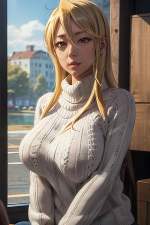 masterpiece, best quality, highres, marikawashizuka, mature, 1girl, solo, large breasts, sweater