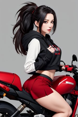  mature, 1girls, solo girl, black hair, large_chest, large_ass, momo mha, black hoodie and red skirt, small backpack, combat position, motorbike