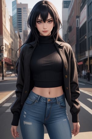 best quality, highres, solo girl, mature, milf, Nagato, black hair, long hair, very long hair, red eyes, big breasts, 1 girl, masterpiece, best quality, ultra detailed, 8k, highly detailed, detailed face, small smile, delicate hands, wide hips, black jeans, shirt, open jacket, turtleneck sweater,