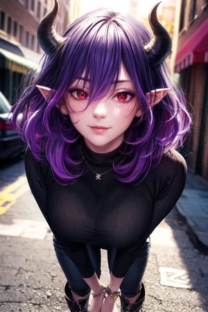 best quality, highres, solo girl, mature, Vermeil, big breasts, purple hair, demon girl, demon horns, horns, low-cut, red eyes, gorgeous face, gorgeous eyes, makeup, demon girl, demon horns, horns, long hair, pointy ears, red hair,  masterpiece, best quality, ultra detailed, 8k, highly detailed, detailed face, pose, small smile, delicate hands, jewelry, choker necklace, bracelet, turtleneck long sweater, pants, boots, street