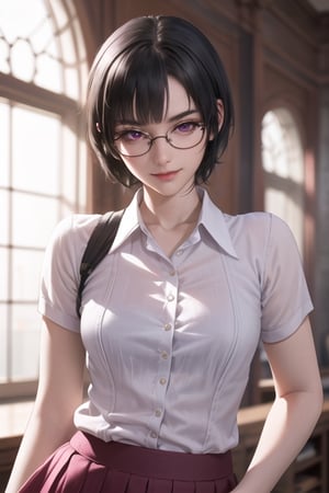 masterpiece, best quality, highres, SOUNA SITRI, solo, purple eyes, mature, black hairs, smooth face, gorgeous face, gorgeous eyes, detailed face, detailed hands, smile, skirt, photorealistic, wide hips, glasses