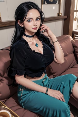 masterpiece, best quality, highres, mature, solo girl, NicoRobin, huge breasts, black hair, big eyes, Cerulean eyes, small smile, delicate hands, wide hips, jewelry, choker necklace, bracelet,  blue wide pants, black wide shirt, caffe shop, sit sofa, pose