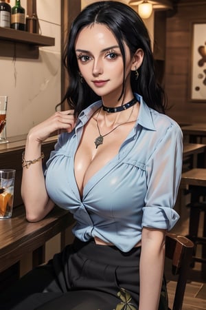 masterpiece, best quality, highres, mature, solo girl, NicoRobin, huge breasts, black hair, big eyes, Cerulean eyes, small smile, delicate hands, jewelry, choker necklace, bracelet, wide pants, wide shirt, night, bar, sit behind table