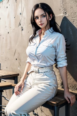 masterpiece, best quality, highres, solo girl, cute, NicoRobin, huge breasts, smooth face, detailed face, black hair, long hair, big eyes,  blue eyes, oval head, small smile, delicate hands, wide hips, wide white shirt, white pants, high boots, black belt, sunglasses, sit on seat, open bar, table, outdoors bar