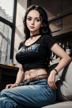 masterpiece, best quality, highres, solo girl, cute, NicoRobin, huge breasts, smooth face, detailed face, black hair, long hair, big eyes,  blue eyes, oval head, small smile, delicate hands, jawerly, choker necklace, bracelet, wide hips, t-shirt, pants, high boots, black belt, sunglasses, sit on sofa, bar, table, crossed legs, seductive pose